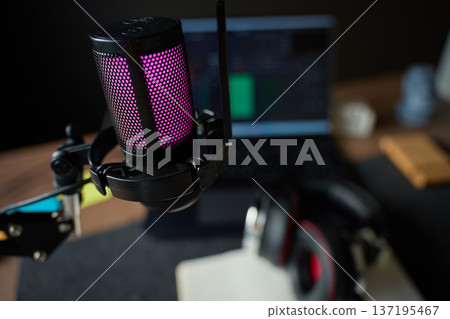 Home podcast recording studio with microphone, headphones and laptop Home podcast recording studio with microphone, headphones and laptop 137195467