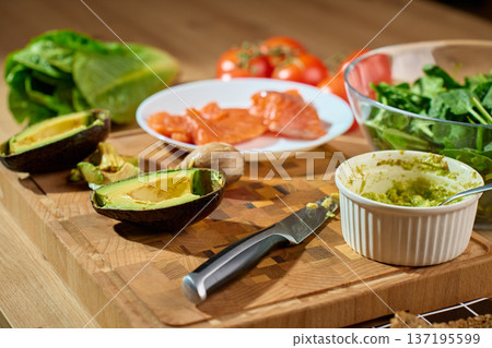 Healthy breakfast ingredients on kitchen table Healthy breakfast ingredients on kitchen table 137195599