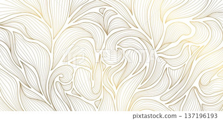 Luxury Art Deco pattern with elegant gold line leaves and floral motifs on white background. Vector design Japanese ornament, tropical palms, organic waves, wallpaper, spa branding, tea packaging. 137196193