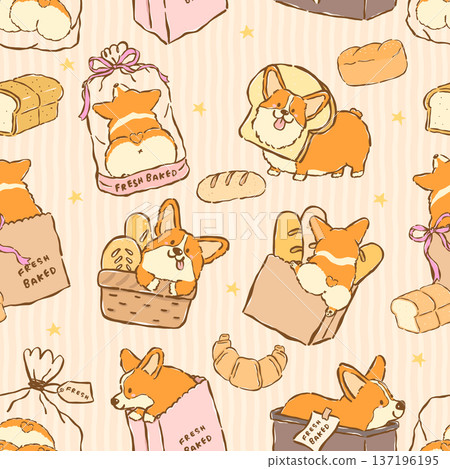Corgi Sploot Butt Bread Loaf Seamless Pattern Kawaii Dog Bakery Doodle Whimsical Repeating Background 137196195