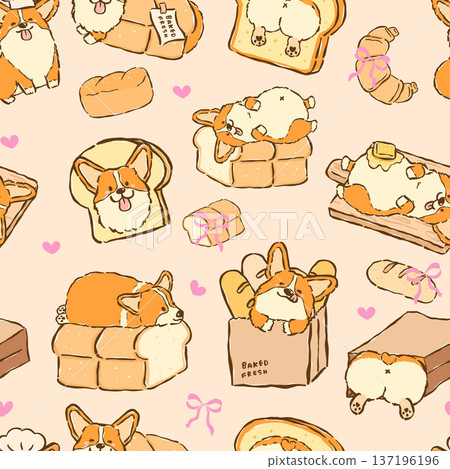 Kawaii Corgi Sploot Bread Loaf Seamless Pattern Cute Dog Bakery Doodle Whimsical Repeating Background 137196196