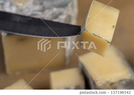 an old spoiled orange cheese with a lot of colorful mold, an inedible and dangerous cheese that was spoiled during the improper storage, the cheese with mold dangerous to health 137196542