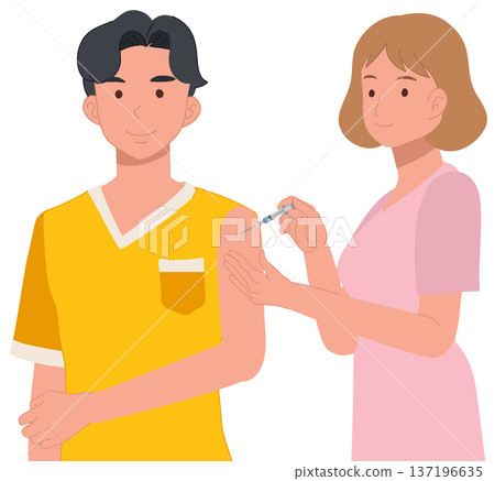 Vaccination injection healthcare concept. illustration of nurse giving vaccine to adult man 137196635