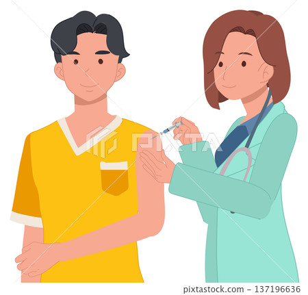 Doctor administering flu shot to male patient in hospital setting during immunization campaign for disease prevention and long term immunity. 137196636