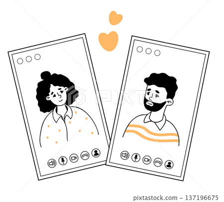 Dating Online Video Call. Romantic Couple Man and Woman Characters with Hearts. Outline Doodle, hand-drawn. Vector illustration 137196675