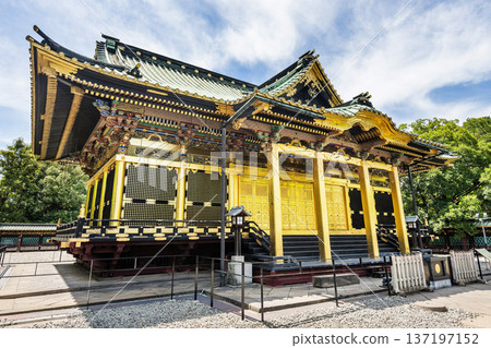 Building view of the honden at Tosho-gu in Ueno Park, Taito, Tokyo, Japan. This shrine enshrines Tokugawa Ieyasu, the first shogun of the Edo shogunate. Building view of the honden at Tosho-gu in Ueno Park, Taito, Tokyo, Japan. This shrine enshrines Tokugawa Ieyasu, the first shogun of the Edo shogunate. 137197152