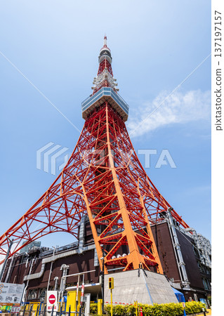 Low-angle view of the Tokyo Tower in Minato, Tokyo, Japan. It is a lattice tower inspired by the Eiffel Tower. In Japan, the second-tallest tower is after Tokyo Skytree. 137197157