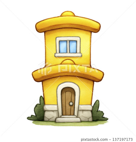 Whimsical yellow cartoon house with rounded roof and single window, surrounded by greenery, evokes playful and cheerful atmosphere Whimsical yellow cartoon house with rounded roof and single window, surrounded by greenery, evokes playful and cheerful atmosphere 137197173
