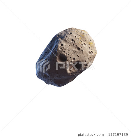 Textured asteroid with craters and rugged surface floats against transparency background, showcasing its irregular shape and rocky composition 137197189