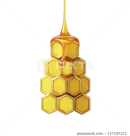 Golden honeycomb structure with honey dripping from top, showcasing sweet and natural design. hexagonal pattern is highlighted, emphasizing richness and texture of honey 137197221