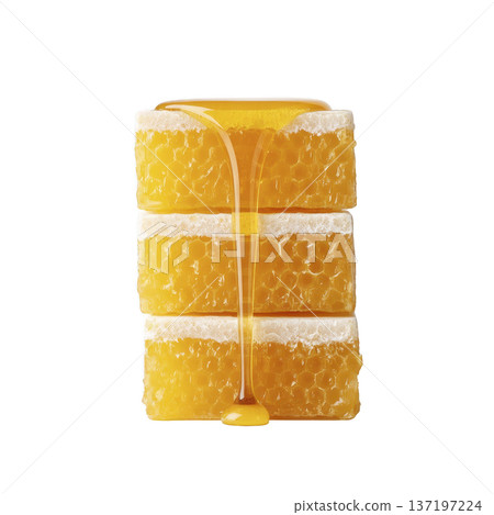 Three stacked honeycomb pieces with golden honey dripping down, creating sweet and natural visual. honeycomb texture is highlighted, showcasing its rich, sticky, and organic appeal 137197224