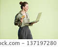 Woman excited about online deals, laptop and credit card 137197280