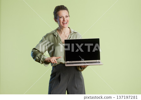 Woman pointing at laptop screen, smiling 137197281