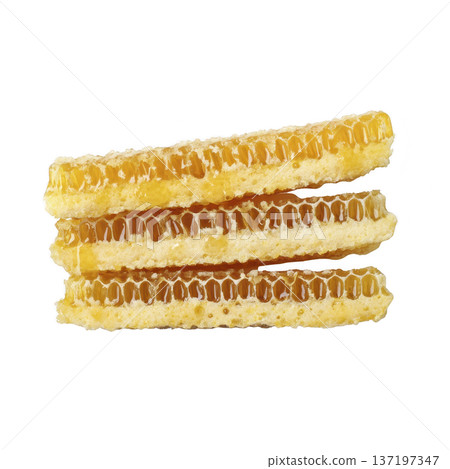 Golden honeycomb pieces stacked against transparency background, showcasing their rich texture and natural sweetness. honey glistens, highlighting intricate hexagonal pattern of comb 137197347