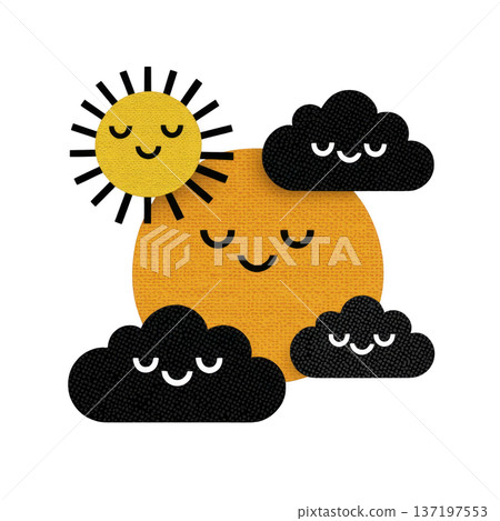 Cheerful sun with smiling face is surrounded by fluffy, smiling clouds, creating playful and whimsical scene. sun rays extend outward, adding to joyful atmosphere 137197553