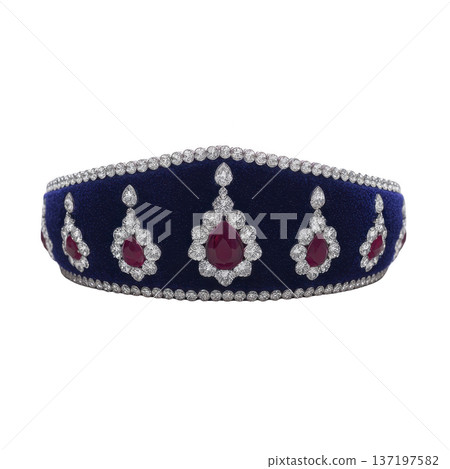 Luxurious tiara adorned with sparkling diamonds and vibrant red gemstones, set against deep blue background, exuding elegance and sophistication 137197582