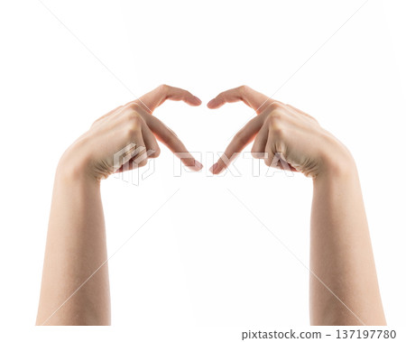 Young female hand show half heart symbol isolated on white Young female hand show half heart symbol isolated on white 137197780