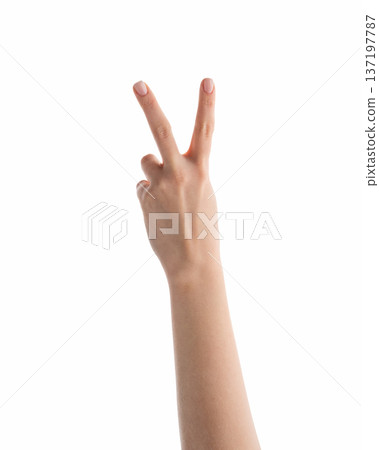 Young female hand counting two isolated on white 137197787