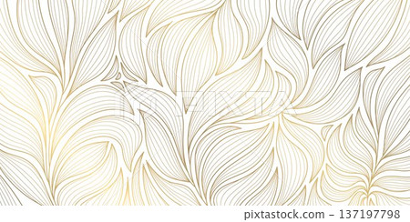 Luxury Art Deco pattern with elegant gold line leaves and floral motifs on white background. Vector design Japanese ornament, tropical palms, organic waves, wallpaper, spa branding, tea packaging. Luxury Art Deco pattern with elegant gold line leaves and floral motifs on white background. Vector design Japanese ornament, tropical palms, organic waves, wallpaper, spa branding, tea packaging. 137197798