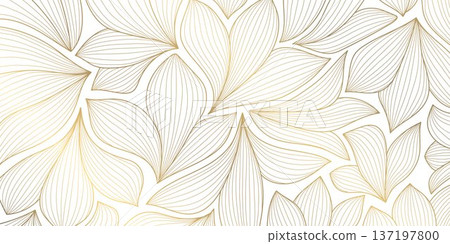 Luxury Art Deco pattern with elegant gold line leaves and floral motifs on white background. Vector design Japanese ornament, tropical palms, organic waves, wallpaper, spa branding, tea packaging. Luxury Art Deco pattern with elegant gold line leaves and floral motifs on white background. Vector design Japanese ornament, tropical palms, organic waves, wallpaper, spa branding, tea packaging. 137197800