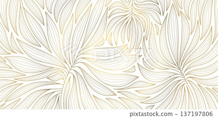 Luxury Art Deco pattern with elegant gold line leaves and floral motifs on white background. Vector design Japanese ornament, tropical palms, organic waves, wallpaper, spa branding, tea packaging. Luxury Art Deco pattern with elegant gold line leaves and floral motifs on white background. Vector design Japanese ornament, tropical palms, organic waves, wallpaper, spa branding, tea packaging. 137197806