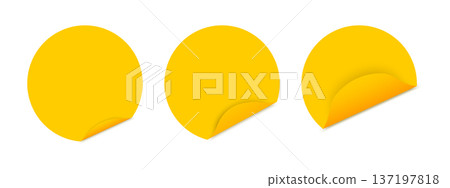 Set of round yellow stickers with turned back sticky edges isolated on white background. Empty paper note labels with folded corners. Vector realistic illustration 137197818
