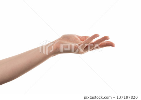 Young woman hand hold something with cupped palm isolated on white background 137197820
