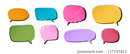 Set of cute colorful speech bubble templates with dotted halftone textures. Talk balloons, textboxes, chat stickers, message tags, idea labels isolated on white background. Vector flat illustration Set of cute colorful speech bubble templates with dotted halftone textures. Talk balloons, textboxes, chat stickers, message tags, idea labels isolated on white background. Vector flat illustration 137197822
