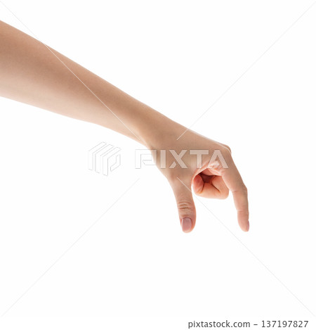 Young female right hand hold something medium sized isolated on white 137197827