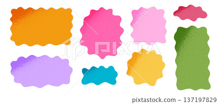 Colorful organic wavy shapes with grunge textures. Irregular asymmetric blotches with grainy shadows. Abstract psychedelic forms. Speech bubbles, tags or labels templates. Vector flat illustration Colorful organic wavy shapes with grunge textures. Irregular asymmetric blotches with grainy shadows. Abstract psychedelic forms. Speech bubbles, tags or labels templates. Vector flat illustration 137197829