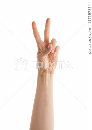 Young female hand counting two isolated on white 137197884