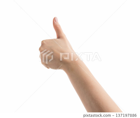 Young female right hand show thumbs up gesture isolated on white 137197886