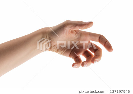 Young woman hand reaching or holding something isolated on white background 137197946