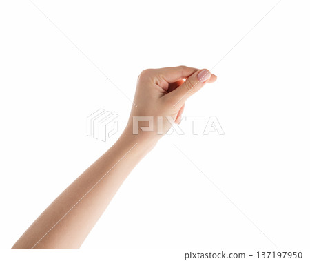 Young female right hand hold something thin or small isolated on white 137197950