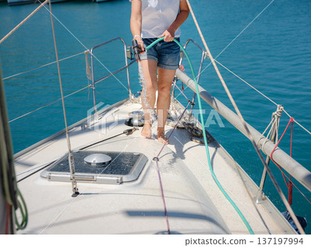 Adult Woman Enjoying Sunny Day On Yacht Finike Marina Turkey 137197994