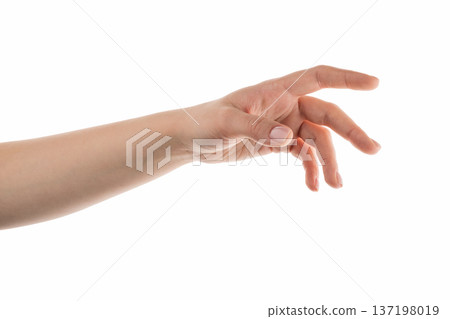Young woman hand reaching isolated on white background 137198019
