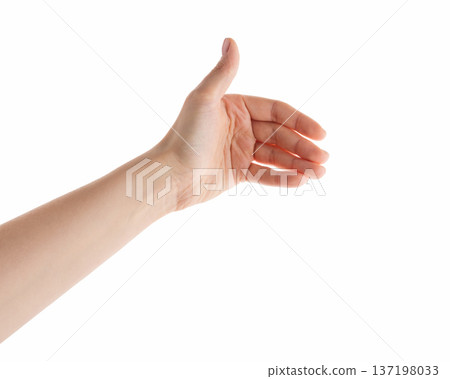 Young woman hand to hold something isolated on white background Young woman hand to hold something isolated on white background 137198033