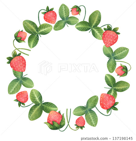 Cute simple wreath of stylized strawberry berries on a stalk and leaves. Summer round frame. Hand-drawn watercolor illustration isolated on a white background. Perfect for design of children products Cute simple wreath of stylized strawberry berries on a stalk and leaves. Summer round frame. Hand-drawn watercolor illustration isolated on a white background. Perfect for design of children products 137198145