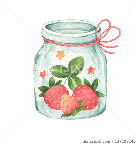 Glass jar with strawberries, leaf and stars, tied with a bow. Summer composition in cartoon style. Hand-drawn watercolor illustration isolated on a white background. Ideal for design of kids products Glass jar with strawberries, leaf and stars, tied with a bow. Summer composition in cartoon style. Hand-drawn watercolor illustration isolated on a white background. Ideal for design of kids products 137198146