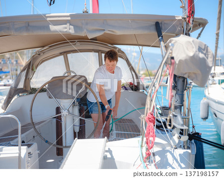 Adult Woman Enjoying Sunny Day On Yacht Finike Marina Turkey Adult Woman Enjoying Sunny Day On Yacht Finike Marina Turkey 137198157