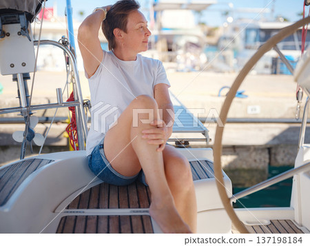 Adult Woman Enjoying Sunny Day On Yacht Finike Marina Turkey Adult Woman Enjoying Sunny Day On Yacht Finike Marina Turkey 137198184