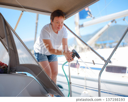Adult Woman Enjoying Sunny Day On Yacht Finike Marina Turkey Adult Woman Enjoying Sunny Day On Yacht Finike Marina Turkey 137198193