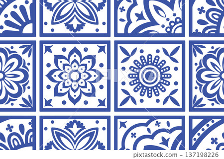 Seamless pattern with ornamental tiles. vector illustration in blue 137198226