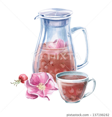 A watercolor illustration of rosehip tea in a pitcher and cup with a flower and berries. Isolated illustration for designs related to natural products, healthy eating, spas, pharmacies, eco-beauty. 137198282