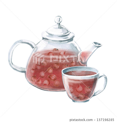 A watercolor illustration of rosehip tea with berries inside a teapot and cup. Isolated illustration suitable for designs related to natural products, healthy eating, spas, pharmacies, and eco-beauty. 137198285