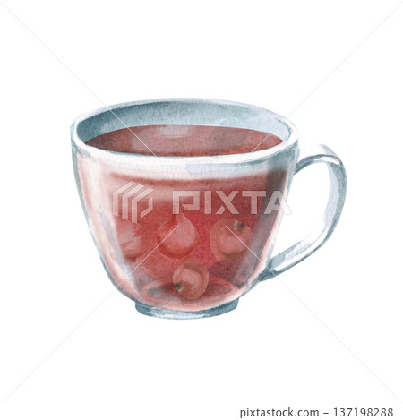 A watercolor illustration of a rosehip drink with berries in a clear cup. Isolated illustration suitable for designs related to natural products, healthy eating, spas, pharmacies, and eco-beauty. 137198288