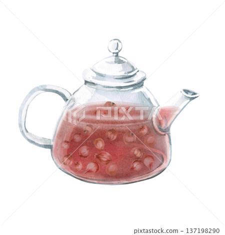 A watercolor illustration of rosehip tea with berries in a teapot. Isolated illustration suitable for designs related to natural products, healthy eating, spas, pharmacies, and eco-beauty. 137198290