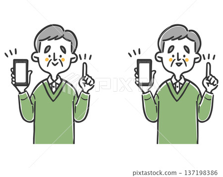 Illustration set of a senior man explaining with a smartphone, upper body, vector Illustration set of a senior man explaining with a smartphone, upper body, vector 137198386