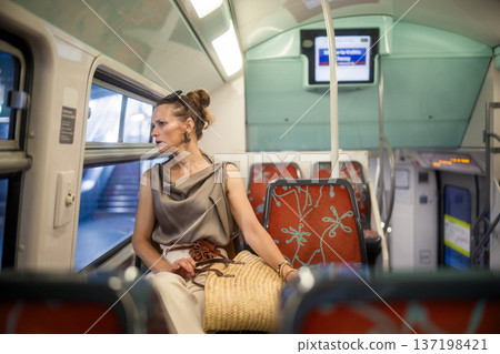 Thoughtful Traveler Gazing from a Train Window Thoughtful Traveler Gazing from a Train Window 137198421