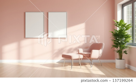 Interior Mockup Scene with Two Blank Frames and Pink Armchair - Soft Natural Light and Minimalist Decor 137199264